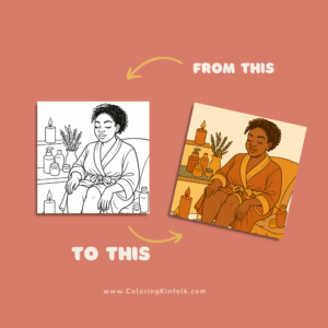Transformation of a self-care coloring page from outline to colored illustration showing a Black woman relaxing with candles, oils, and wellness vibes.