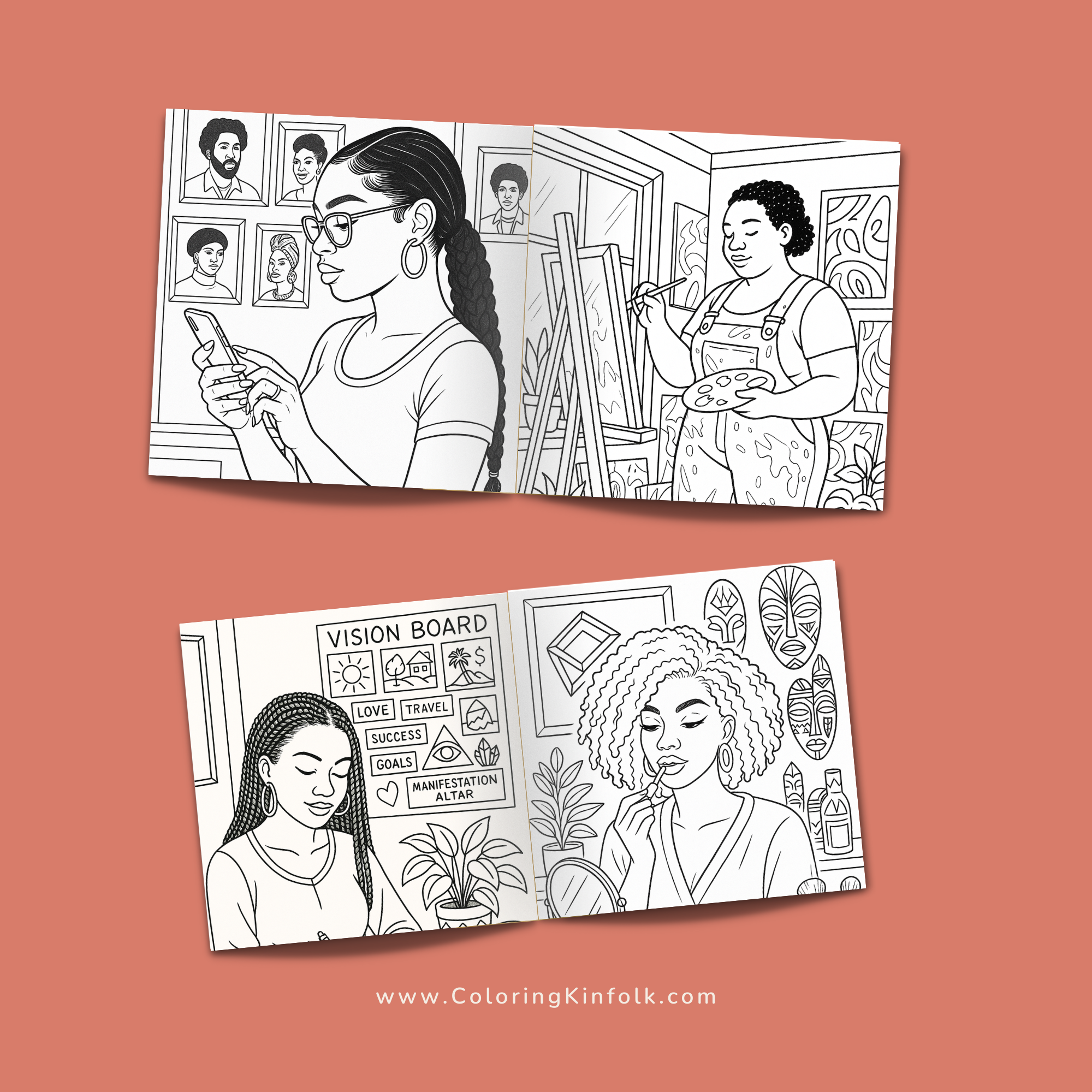 Coloring pages of Black women in daily life—texting, painting, creating a vision board, and applying makeup for self-expression.