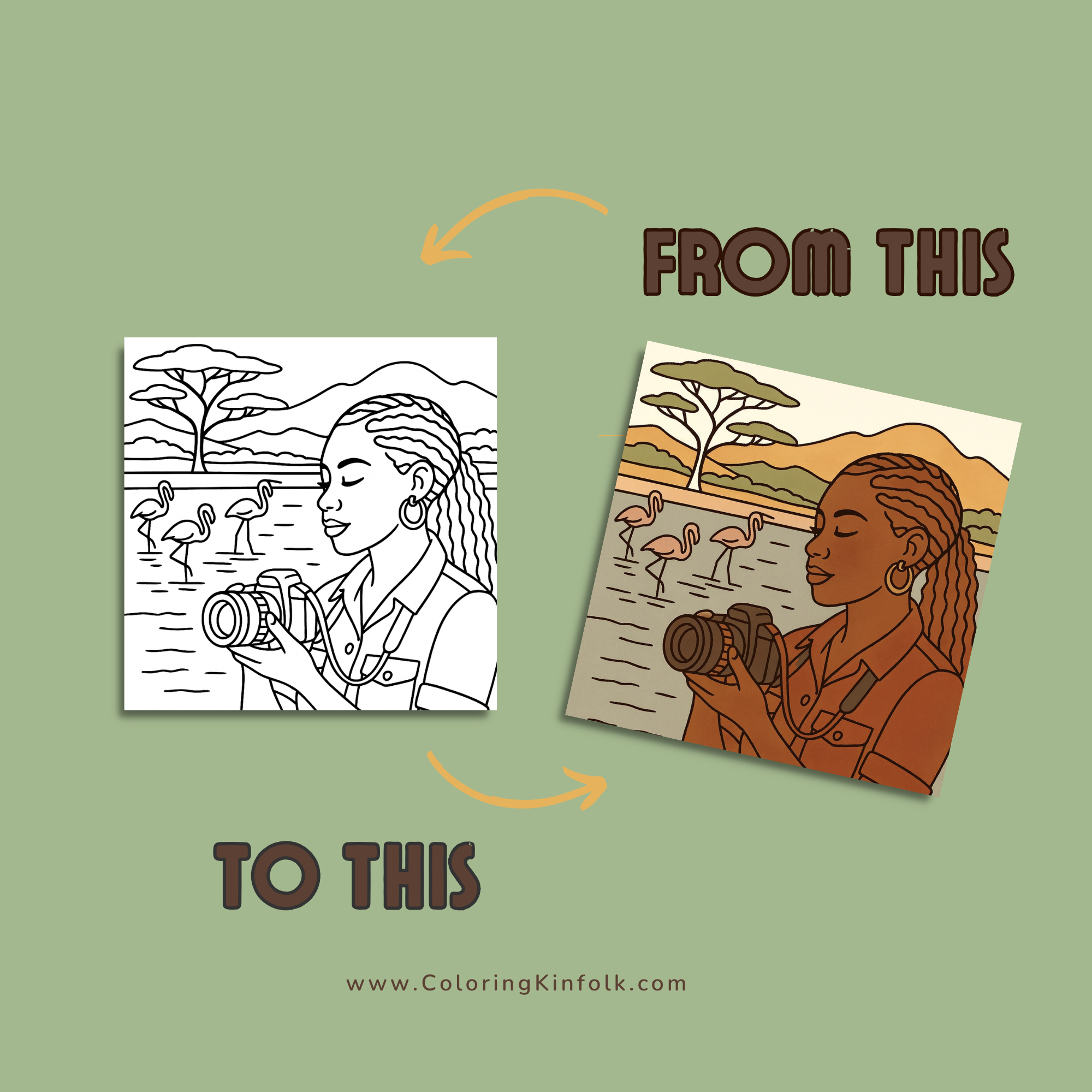 Adult coloring pages feature Black hairstyles, home décor, food, and scenes from everyday life.
