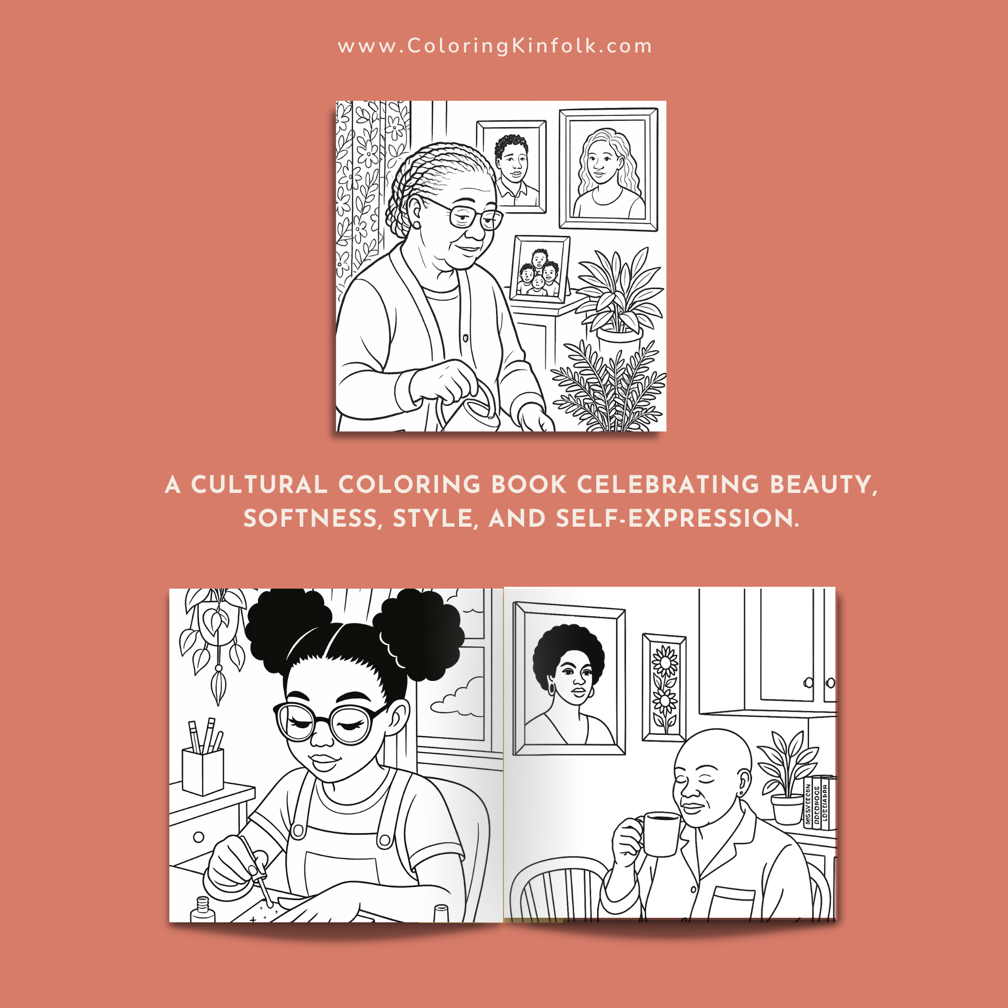 Black woman in a cozy robe surrounded by candles and beauty items — Black Girl Aesthetic Coloring Book by Coloring Kinfolk