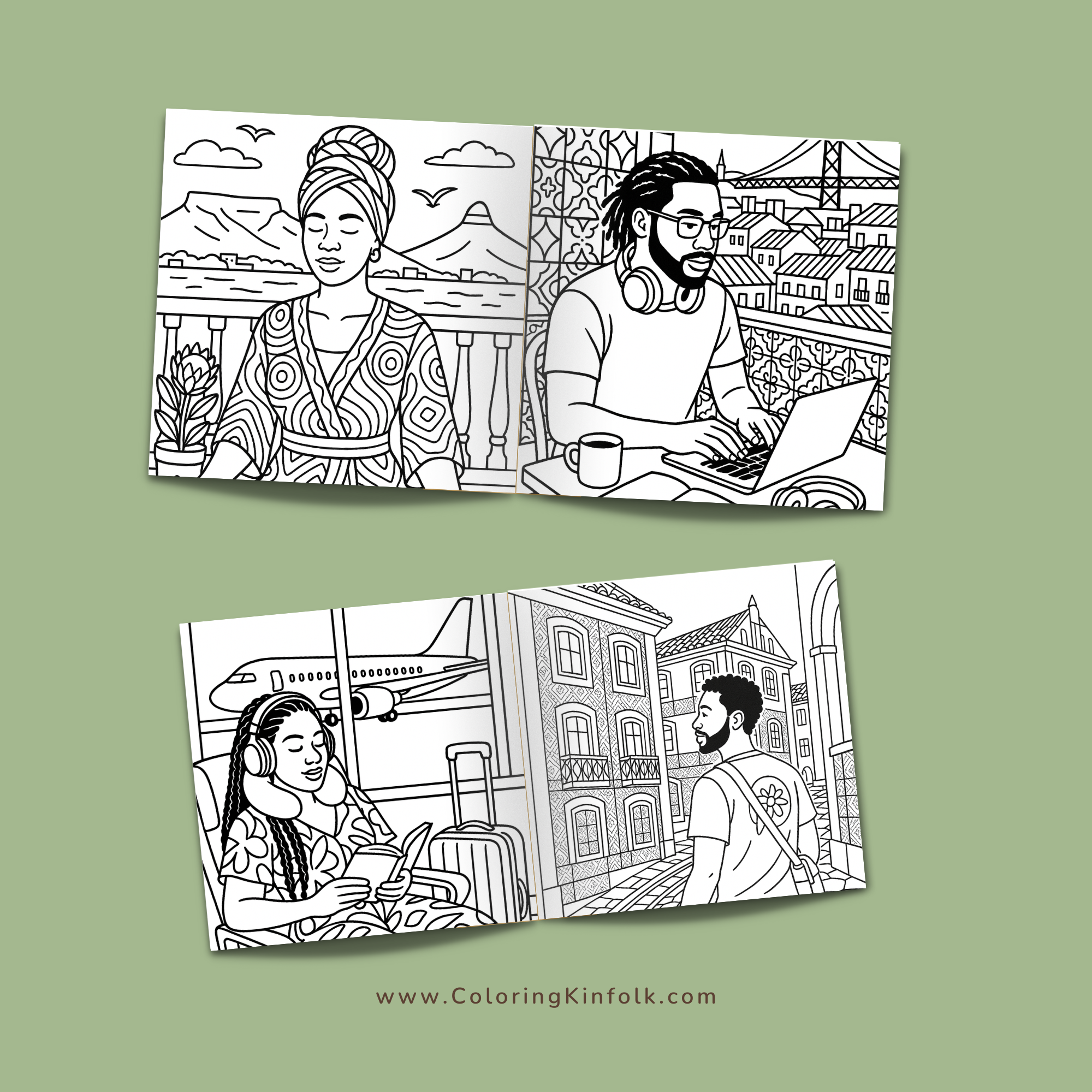 Black cultural symbols and community scenes in an adult coloring page.