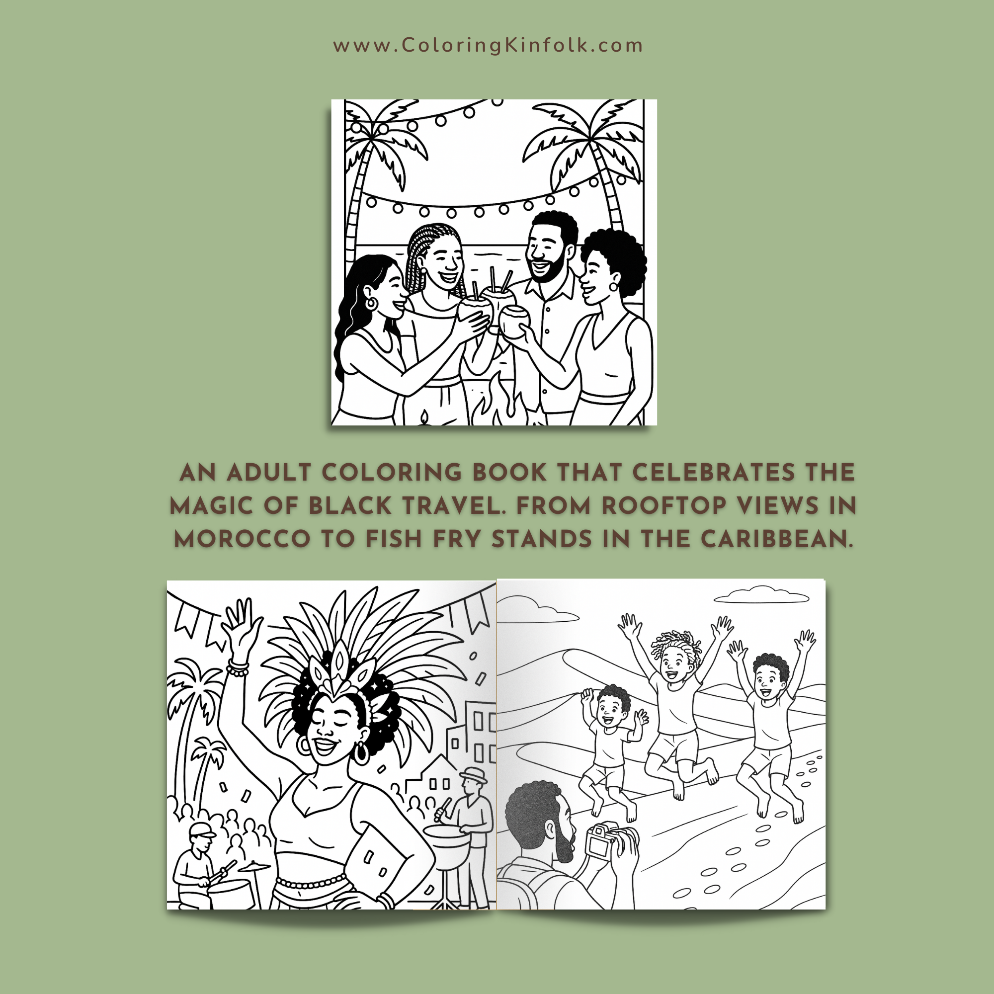 Black women depicted in coloring pages with hair wraps, affirmations, and cultural style.