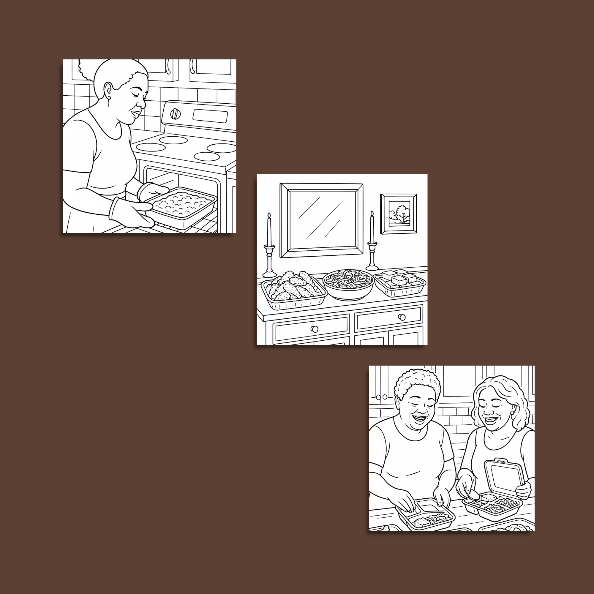 Adult coloring page showing a Black family sharing Sunday dinner together at a table.