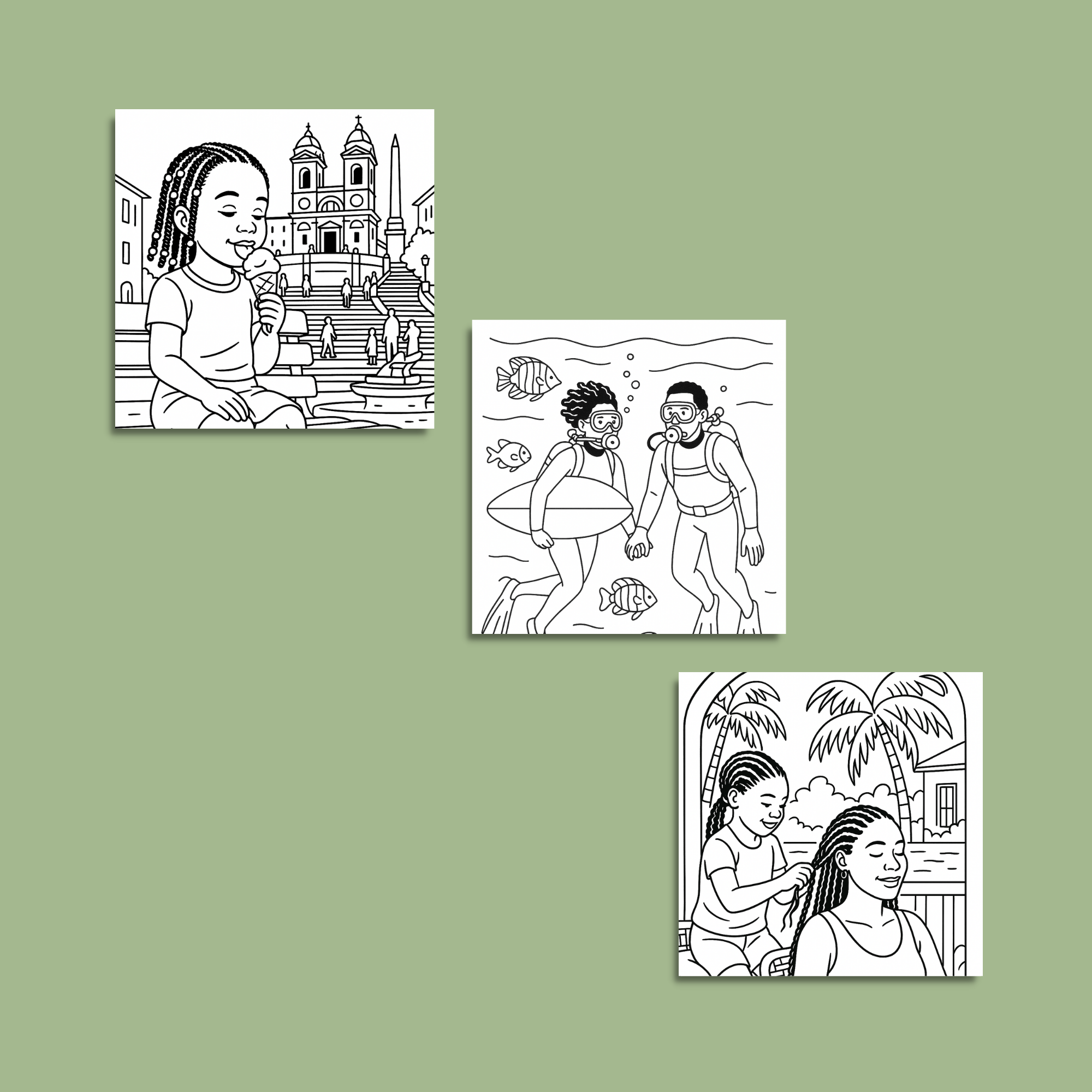 Black women depicted in coloring pages with hair wraps, affirmations, and cultural style.
