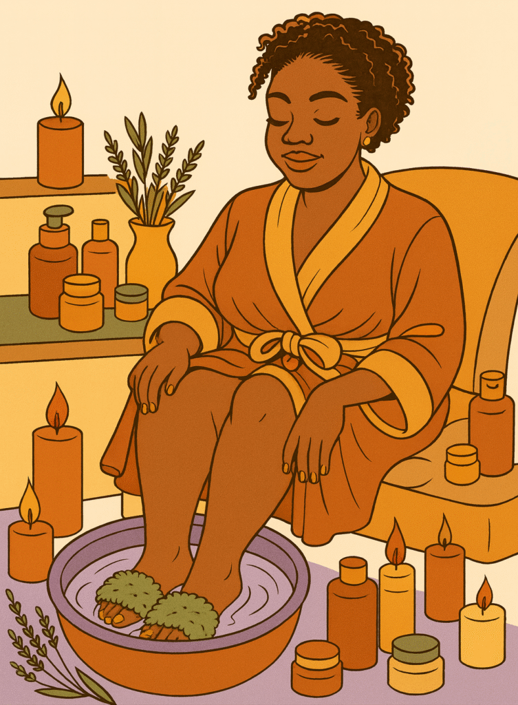 Black woman in a cozy robe surrounded by candles and beauty items — Black Girl Aesthetic Coloring Book by Coloring Kinfolk