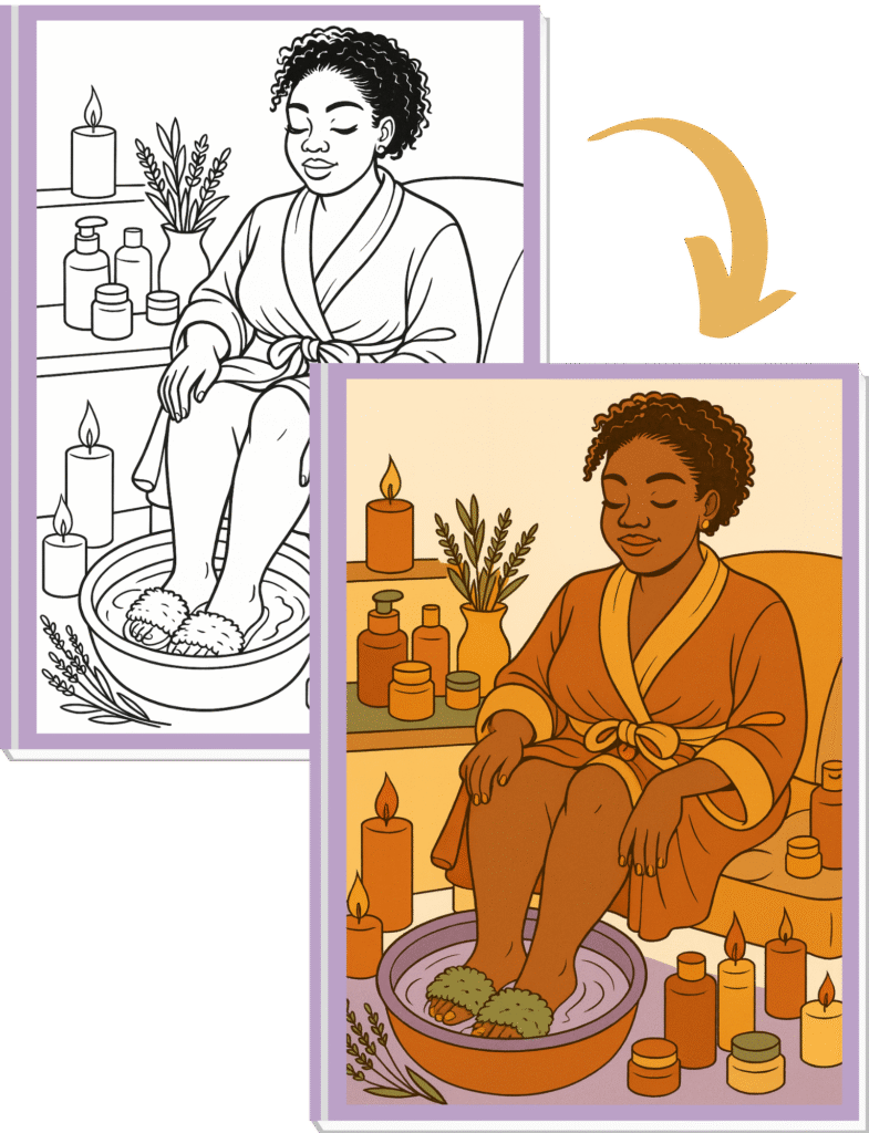 A Black woman relaxing in a spa setting with candles and self-care essentials, shown in before-and-after style as a coloring page and a finished colored design.
