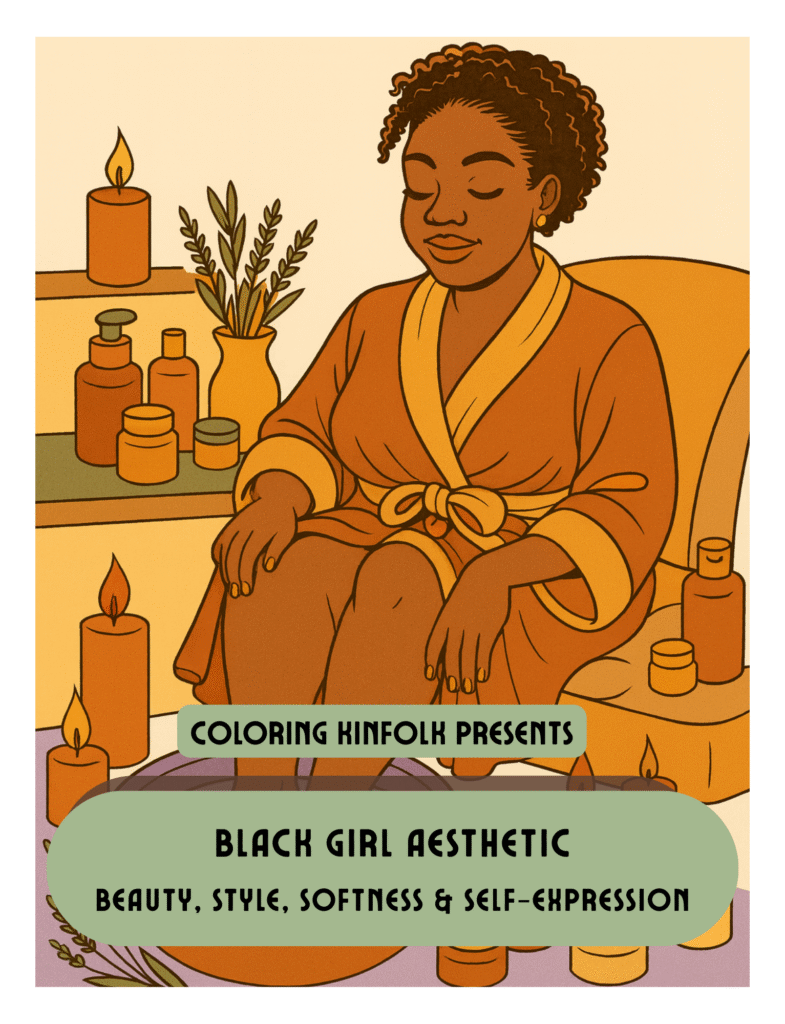 Black woman in a cozy robe surrounded by candles and beauty items — Black Girl Aesthetic Coloring Book by Coloring Kinfolk