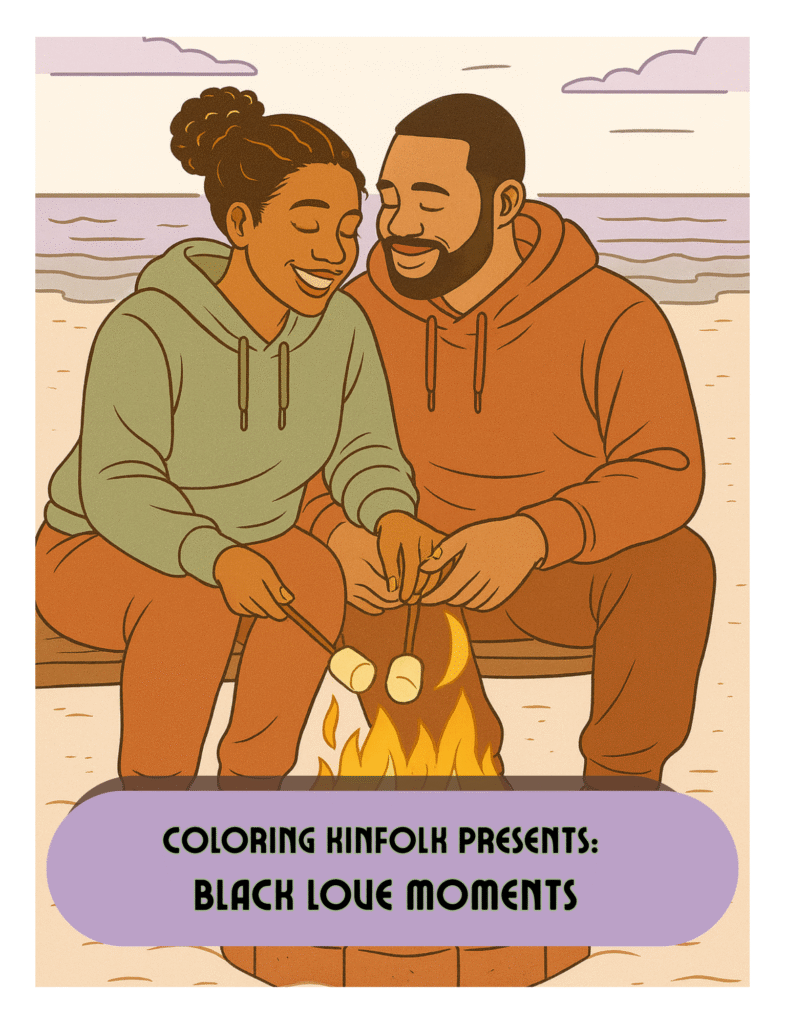 Black couple roasting marshmallows by a fire on the beach — Black Love Moments Coloring Book by Coloring Kinfolk