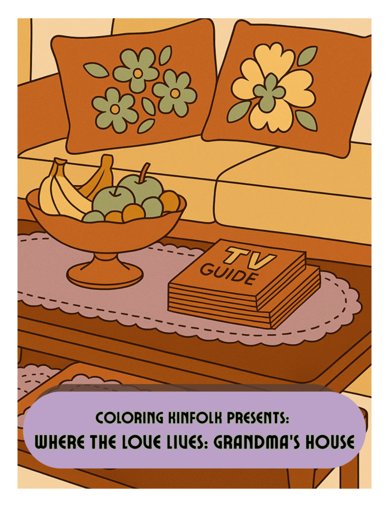 Vintage living room with floral pillows, lace doily, and TV Guide — Grandma’s House Coloring Book by Coloring Kinfolk