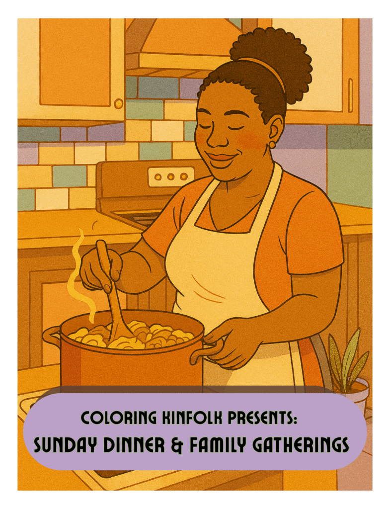 Black woman stirring a pot in the kitchen — Sunday Dinner & Family Gatherings Coloring Book by Coloring Kinfolk