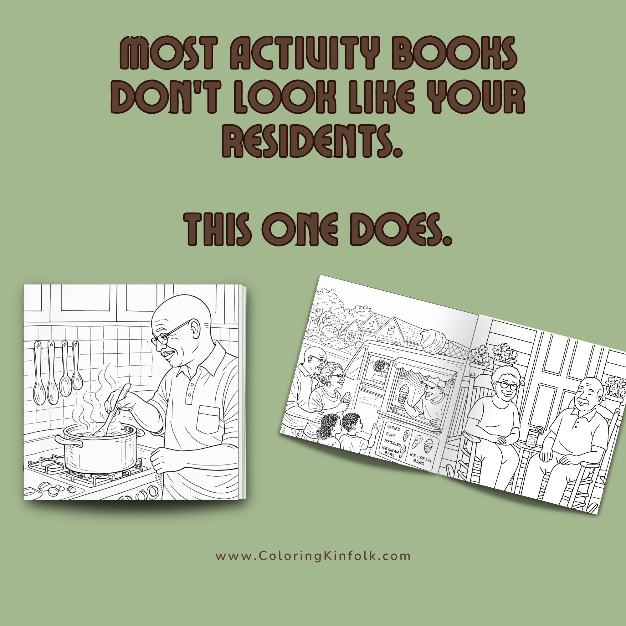 Collection of culturally specific memory care coloring pages showing Sunday Dinner, church Sunday, and barbershop scenes for Black American elders