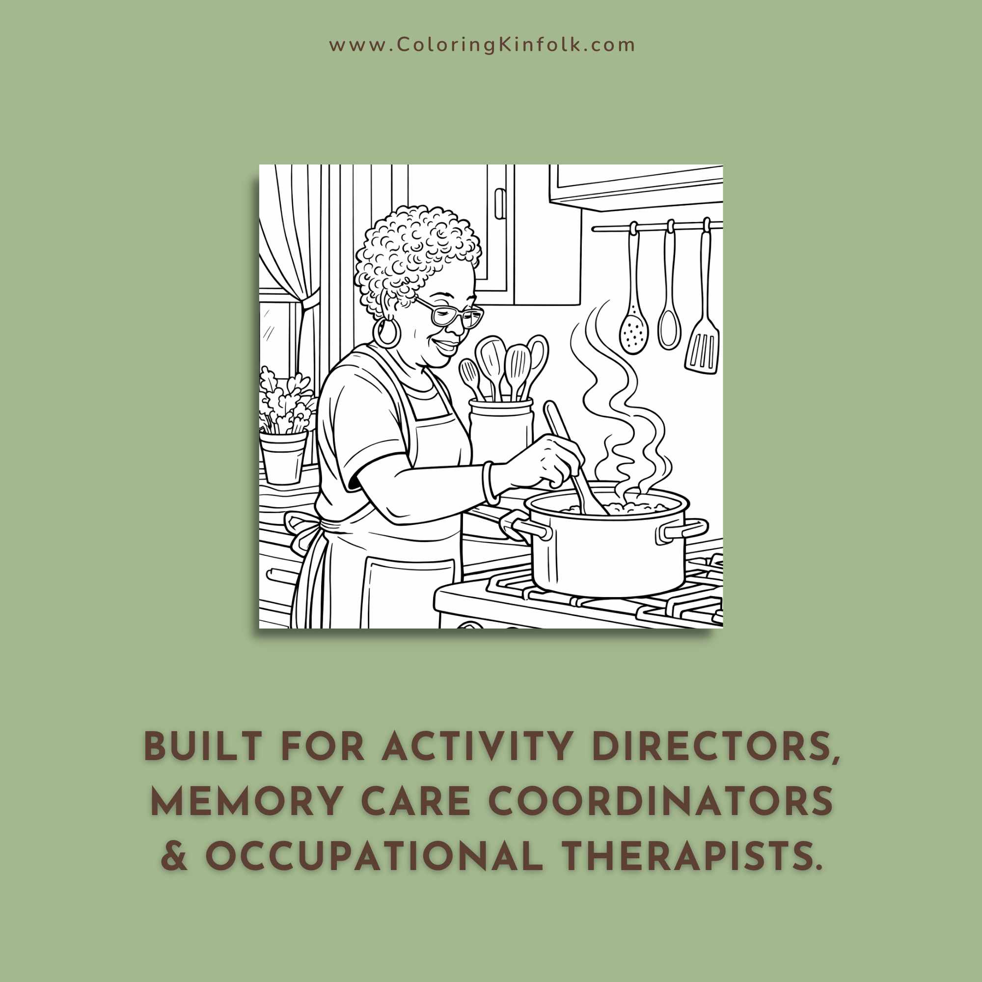 Professional activity director reviewing institutional licensing options and therapeutic coloring materials for memory care facility