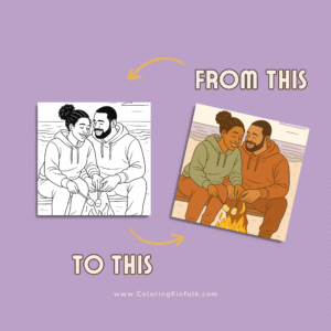 Transformation of a Black love coloring page from outline to full color, showing a couple sitting by a beach bonfire roasting marshmallows.