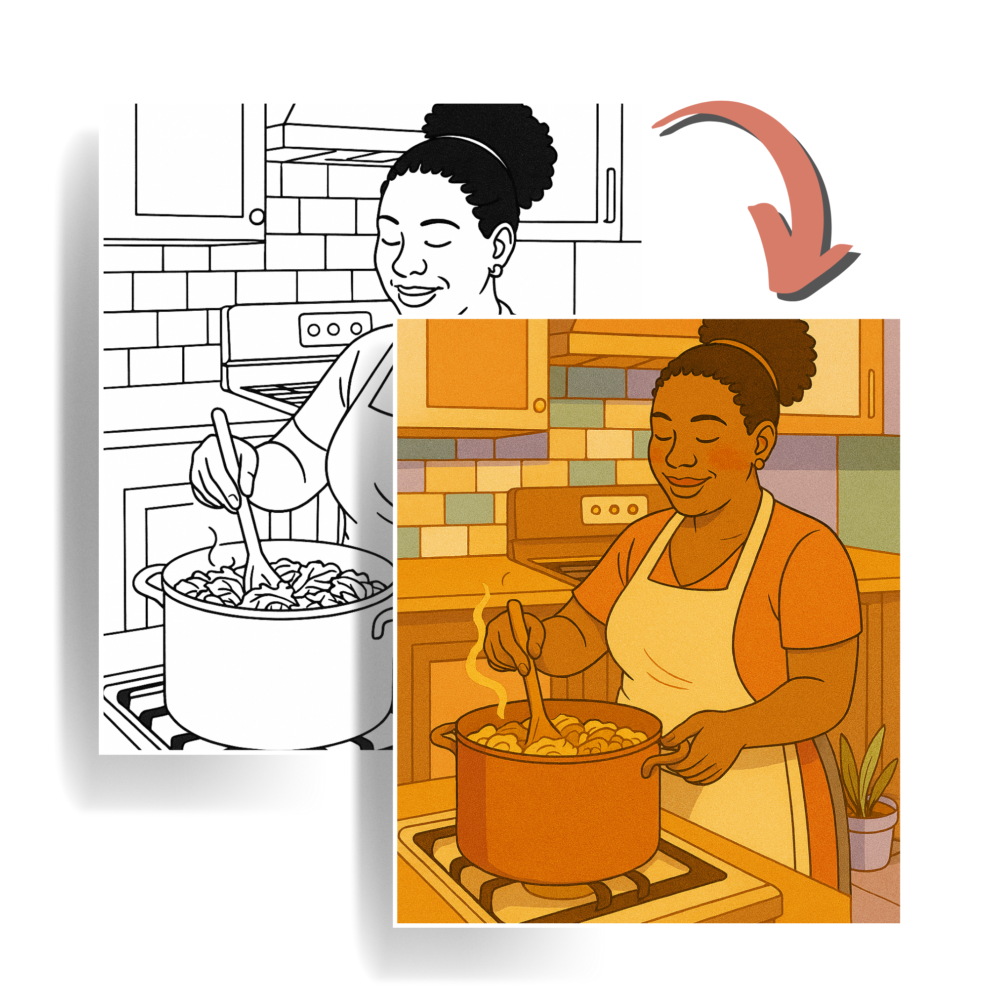 Transformation of a Sunday dinner cooking coloring page from black-and-white outline to a fully colored kitchen scene.