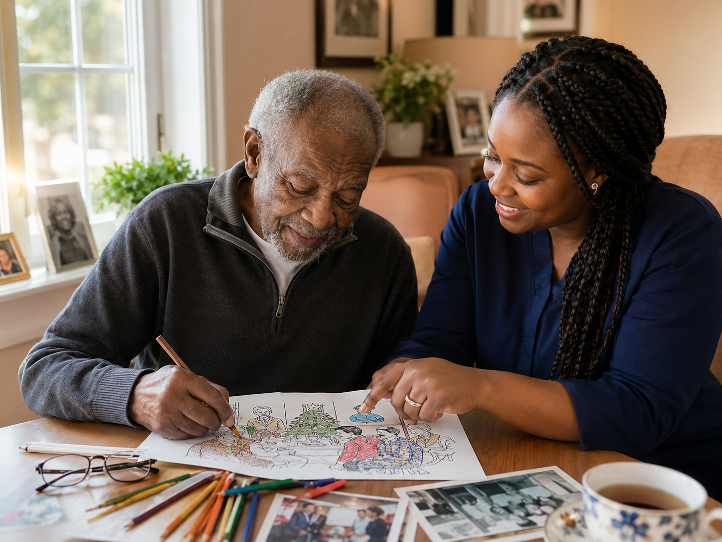 Memory care resident coloring at table